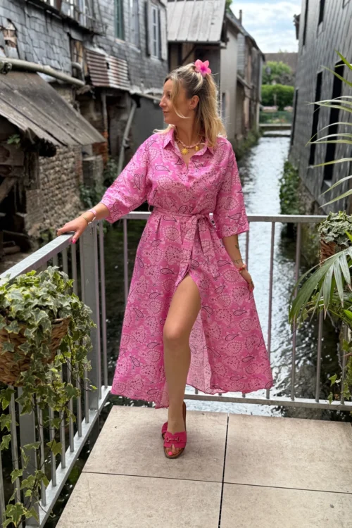 robe-longue-chemise-rose-fuchsia-imprime-bandana-dream Robe longue chemise femme imprimée bandana | Dream By C