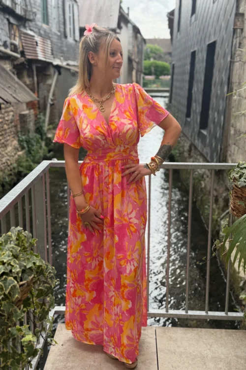 robe-longue-coloree-rose-jaune-orange-doublee- Robe longue colorée femme été rose jaune orange | Dream By C