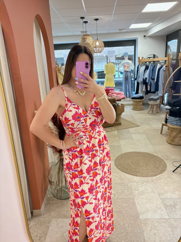 Robe longue fleurie grande taille bretelles fuchsia | Dream By C