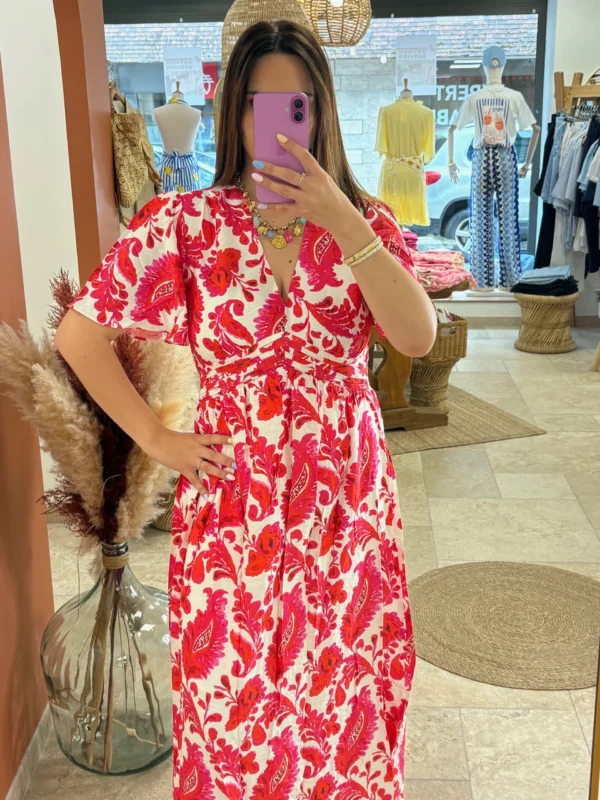 Robe longue fleurie rouge femme bandeau volants | Dream By C