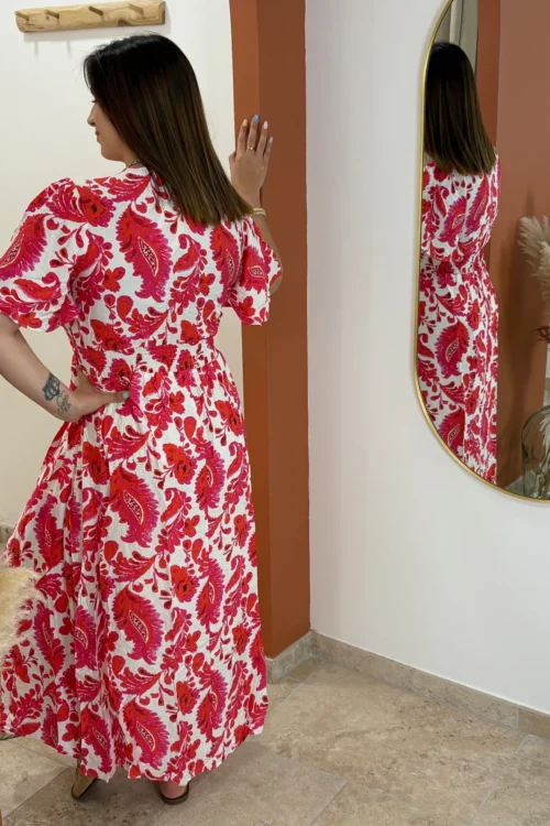 Robe longue fleurie rouge femme bandeau volants | Dream By C