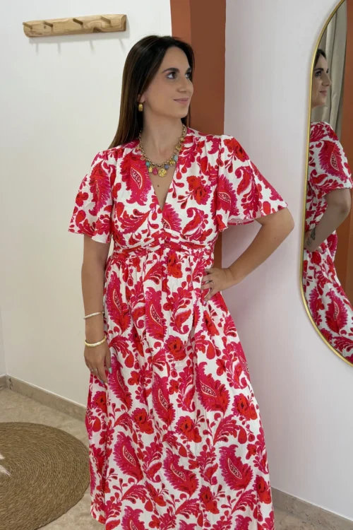 robe-longue-fleurie-rouge-femme-bandeau-volants-dreambyc Robe longue fleurie rouge femme bandeau volants | Dream By C