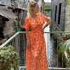 Robe longue orange imprimée femme volants col V | Dream By C