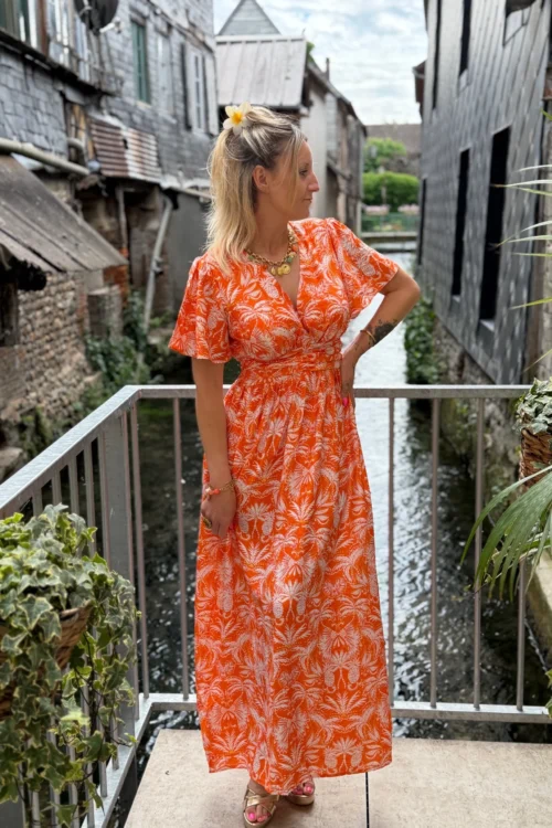 -robe-longue-orange-imprimee-volants-col-v- Robe longue orange imprimée femme volants col V | Dream By C