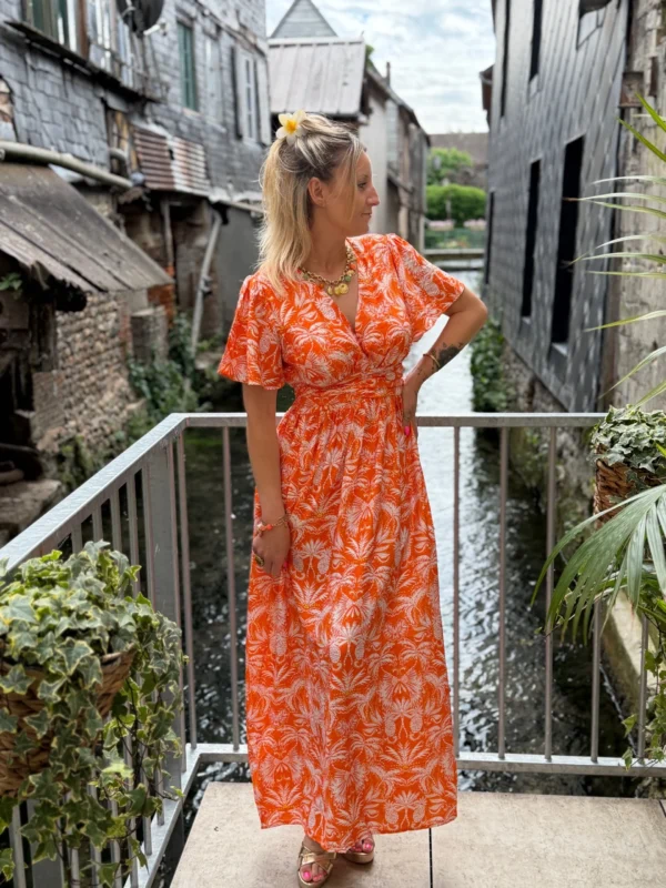 Robe longue orange imprimée femme volants col V | Dream By C