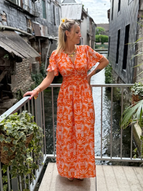 Robe longue orange imprimée femme volants col V | Dream By C