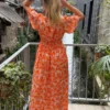 Robe longue orange imprimée femme volants col V | Dream By C