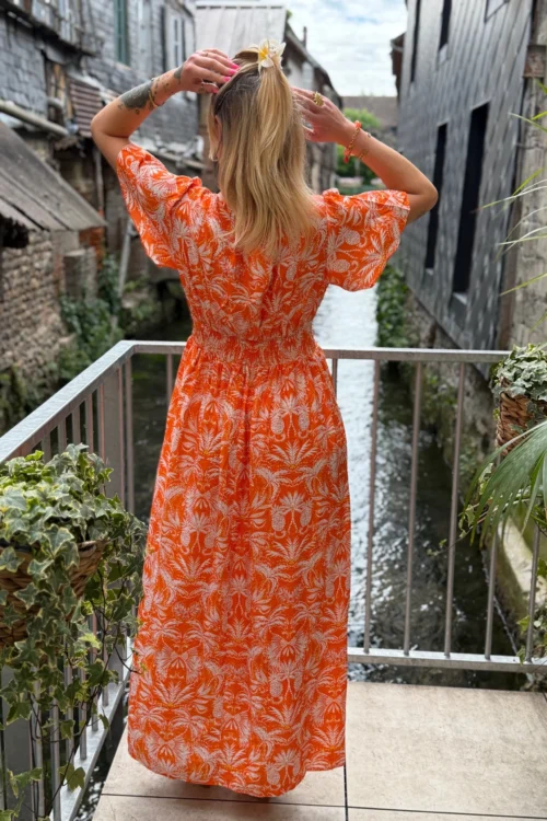 Robe longue orange imprimée femme volants col V | Dream By C