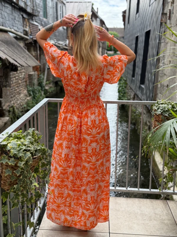 Robe longue orange imprimée femme volants col V | Dream By C