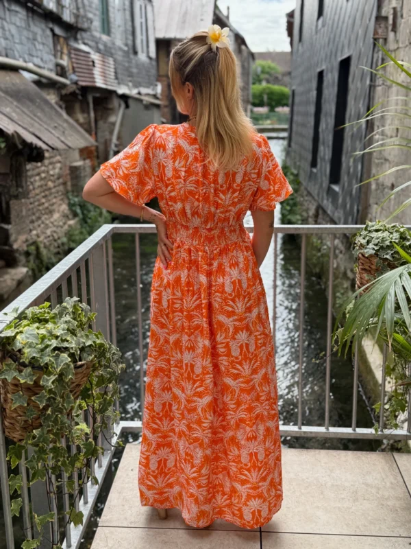 Robe longue orange imprimée femme volants col V | Dream By C