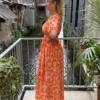 Robe longue orange imprimée femme volants col V | Dream By C