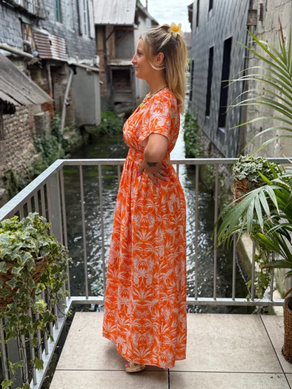 Robe longue orange imprimée femme volants col V | Dream By C