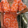 Robe longue orange imprimée femme volants col V | Dream By C