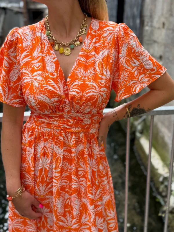 Robe longue orange imprimée femme volants col V | Dream By C