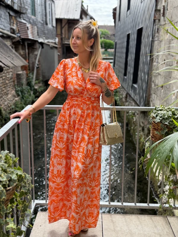 Robe longue orange imprimée femme volants col V | Dream By C