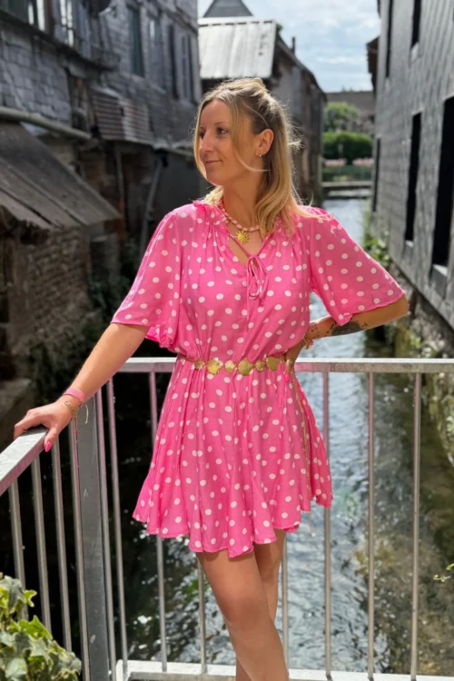 -robe-patineuse-courte-rose-fuchsia-pois-blancs Robe patineuse femme été rose fuchsia pois blancs | Dream By C