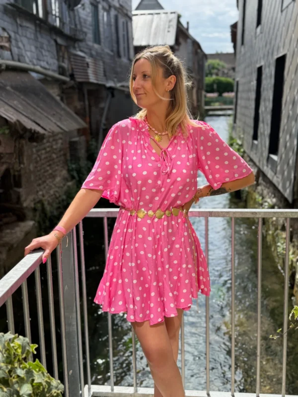 Robe patineuse femme été rose fuchsia pois blancs | Dream By C