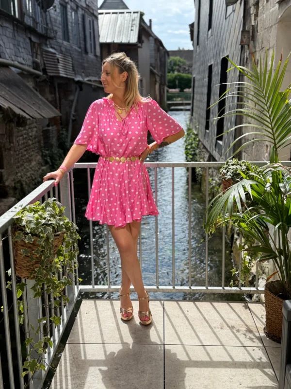 Robe patineuse femme été rose fuchsia pois blancs | Dream By C
