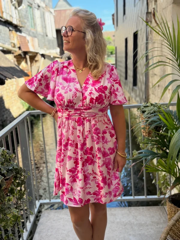 Robe rose grande taille col V courte | Dream By C