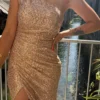Robe sequins rose gold asymétrique soirée | Dream By C