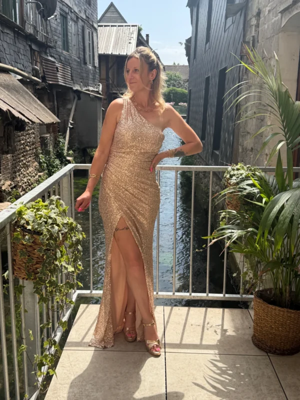 Robe sequins rose gold asymétrique soirée | Dream By C