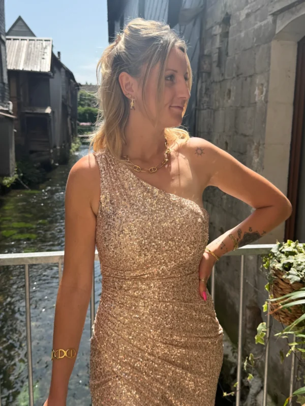 Robe sequins rose gold asymétrique soirée | Dream By C