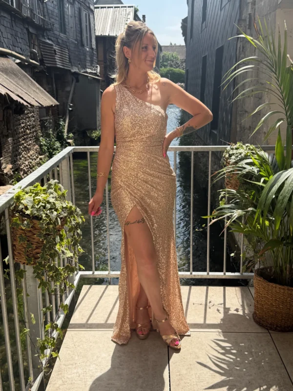 Robe sequins rose gold asymétrique soirée | Dream By C