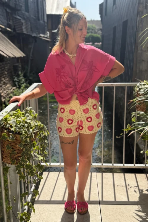Short crochet femme écru à cœurs roses | Dream By C