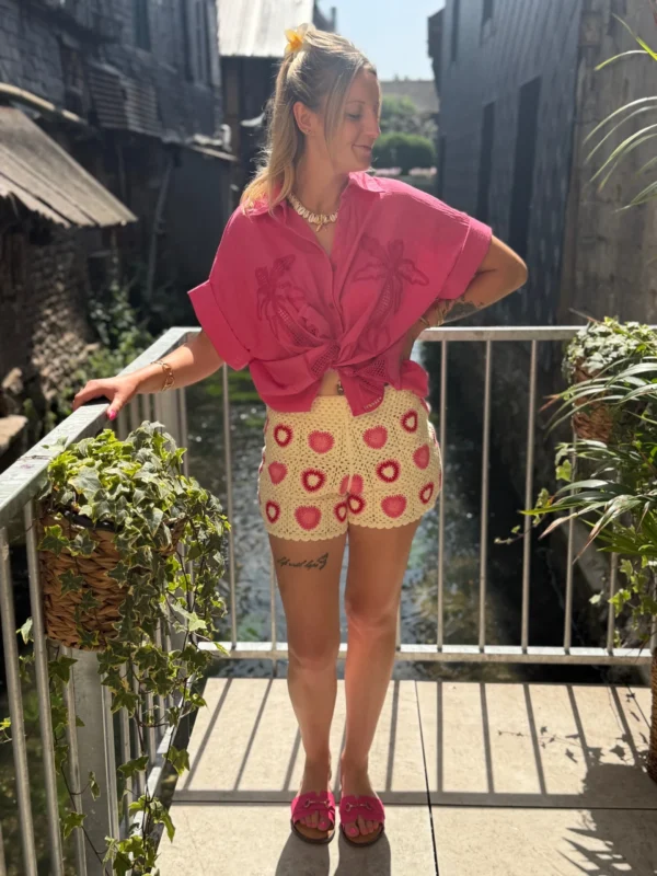 Short crochet femme écru à cœurs roses | Dream By C