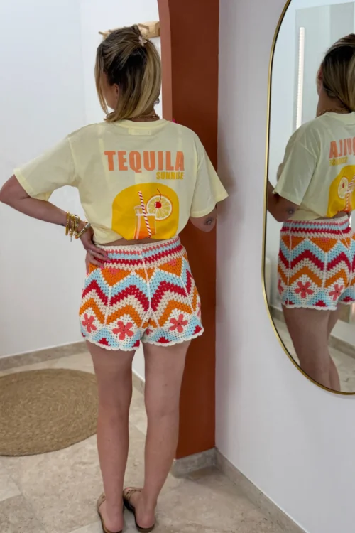 Short crochet femme été orange bleu corail écru | Dream By C