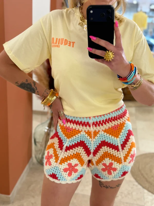 Short crochet femme été orange bleu corail écru | Dream By C