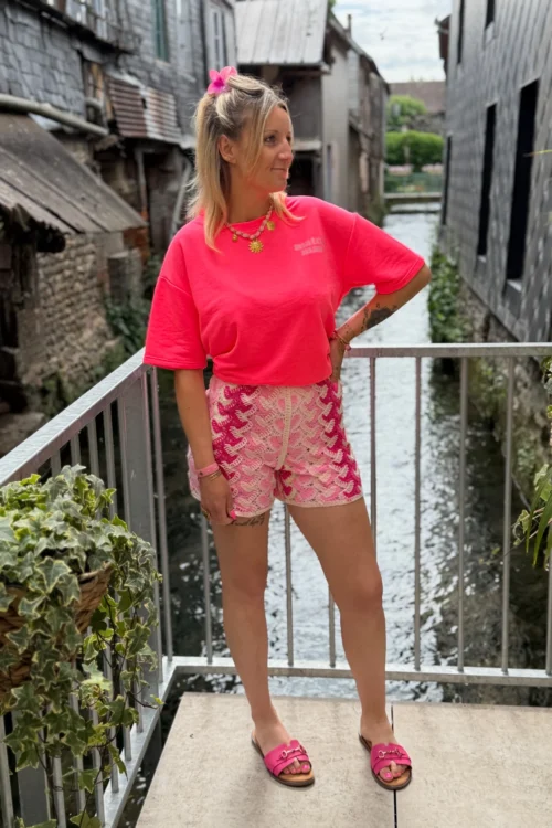 -short-crochet-rose-fuchsia-ecru-double Short crochet rose femme écru fuchsia doublé | Dream By C