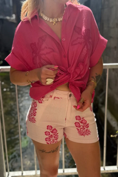 Short rayé fleuri femme rose et blanc | Dream By C