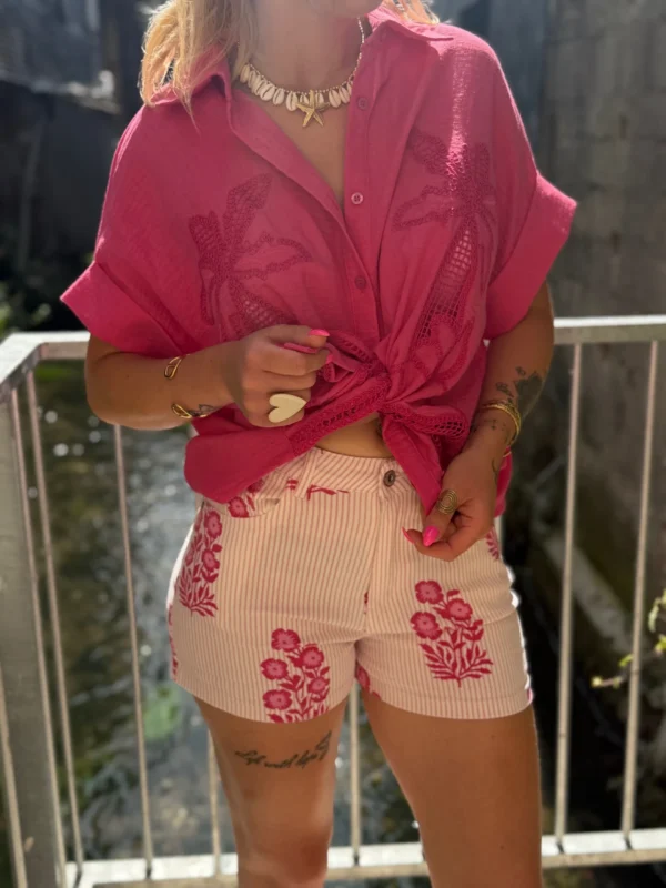 Short rayé fleuri femme rose et blanc | Dream By C
