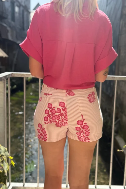 Short rayé fleuri femme rose et blanc | Dream By C