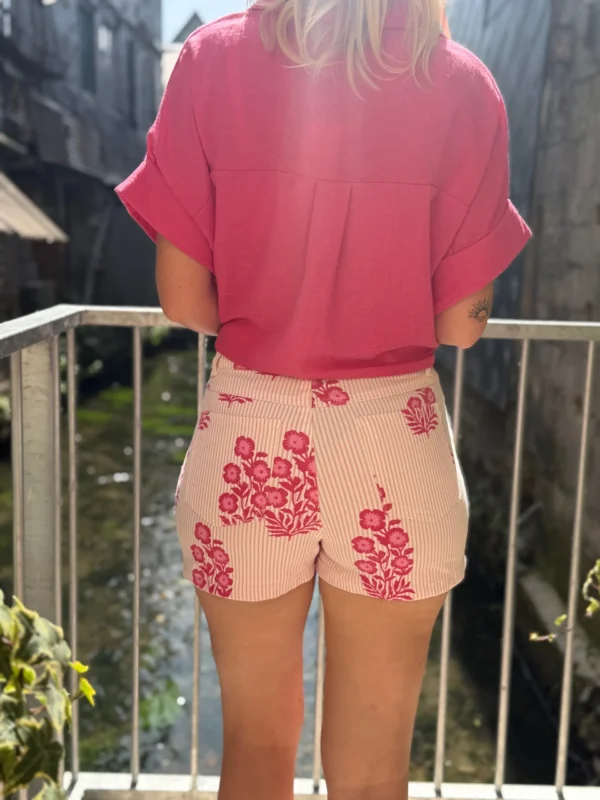 Short rayé fleuri femme rose et blanc | Dream By C