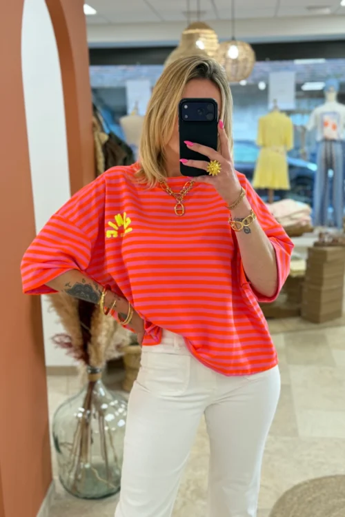 T-shirt ICONIC Club femme rayé fuchsia orange | Dream By C