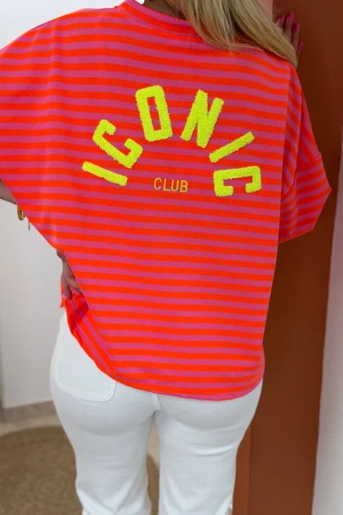 t-shirt-iconic-club-raye-fuchsia-orange T-shirt ICONIC Club femme rayé fuchsia orange | Dream By C