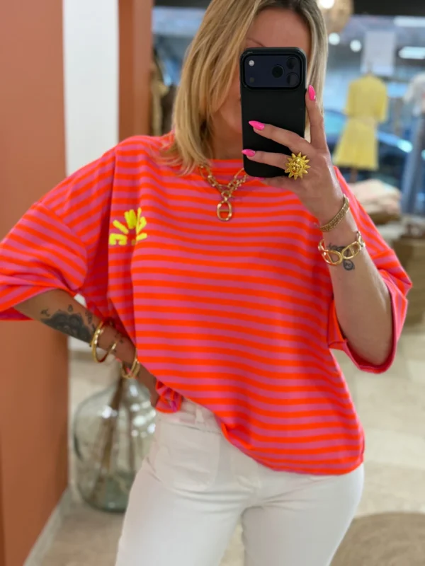 T-shirt ICONIC Club femme rayé fuchsia orange | Dream By C