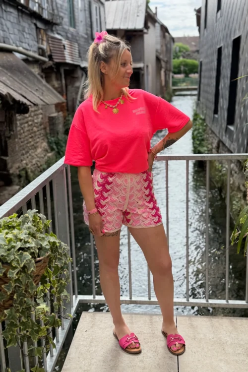 T-shirt rose fluo femme oversize Matcha flocage dos | Dream By C