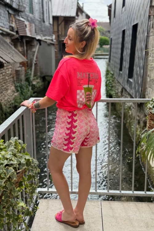 t-shirt-matcha-rose-fluo-oversize-flocage T-shirt rose fluo femme oversize Matcha flocage dos | Dream By C