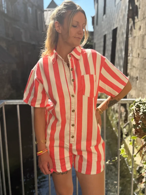 Combishort Oversize Rayé - Corail & Blanc | Dream By C