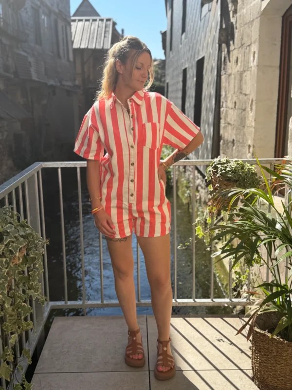 Combishort Oversize Rayé - Corail & Blanc | Dream By C