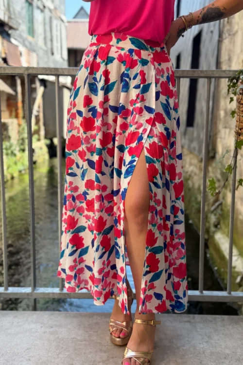Jupe Longue Fendue Fleurie - Vert/Bleu & Rose | Dream By C