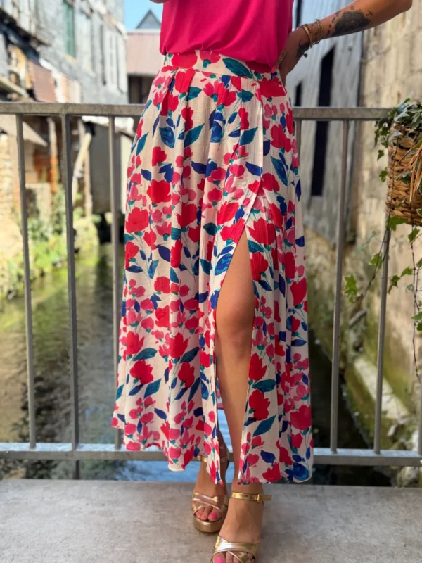 Jupe Longue Fendue Fleurie - Vert/Bleu & Rose | Dream By C