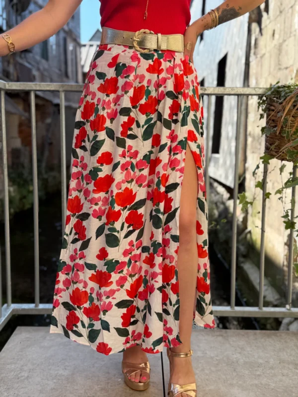 Jupe Longue Fendue Fleurie - Vert/Bleu & Rose | Dream By C
