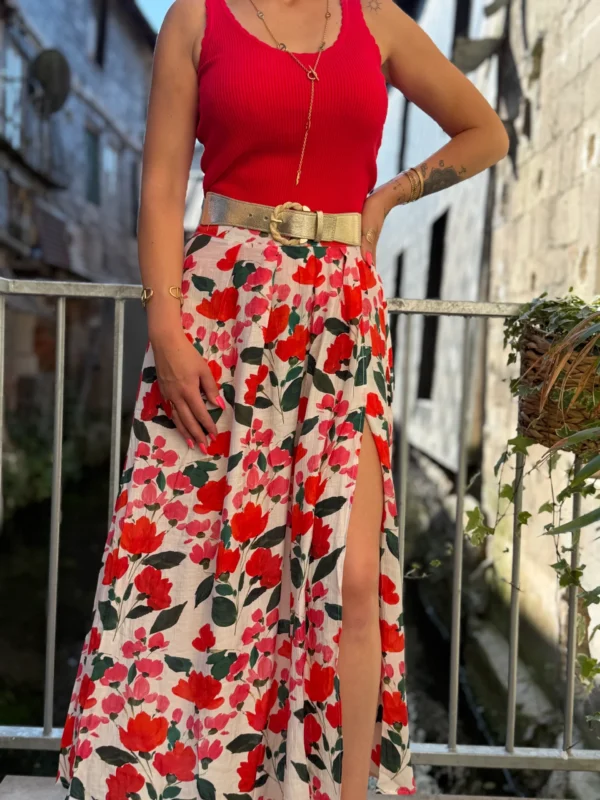 Jupe Longue Fendue Fleurie - Vert/Bleu & Rose | Dream By C