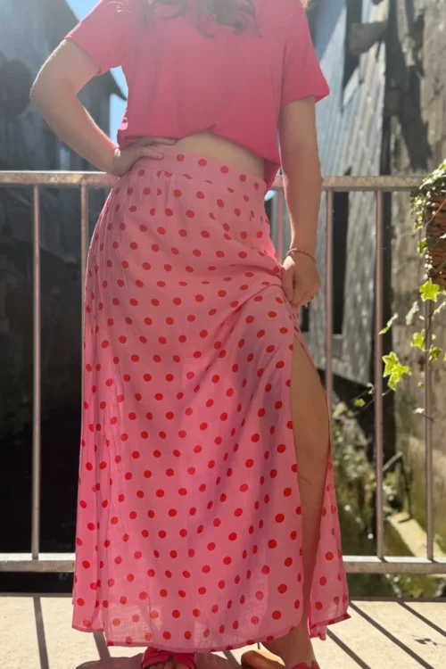 -jupe-longue-rose-bebe-pois-rouges-fendue Jupe Rose Pois Rouges Fendue - Longue Doublée | Dream By C