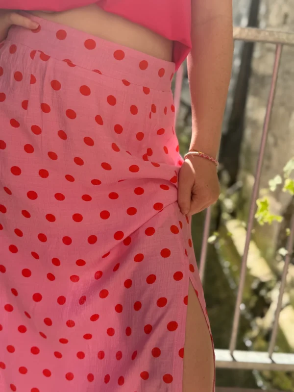 Jupe Rose Pois Rouges Fendue - Longue Doublée | Dream By C