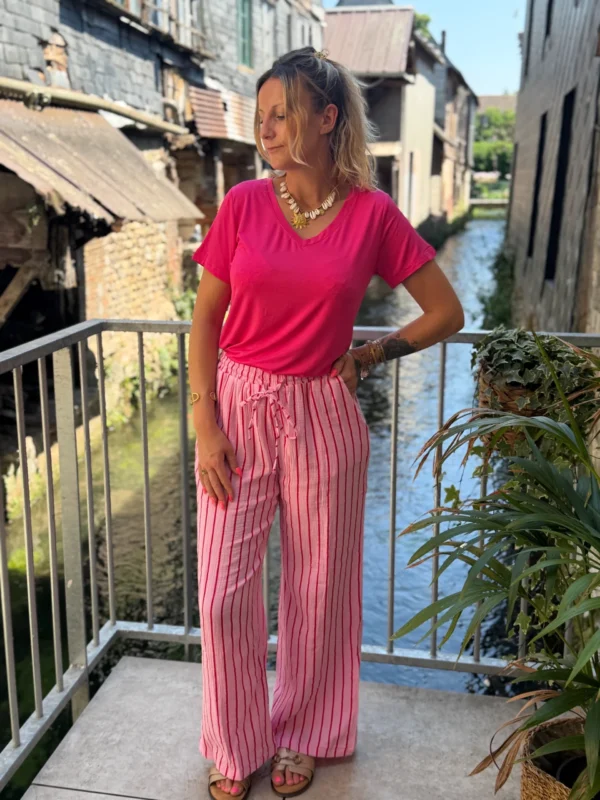 Pantalon Gaze Coton Rayé - Rose Bébé & Rouge | Dream By C